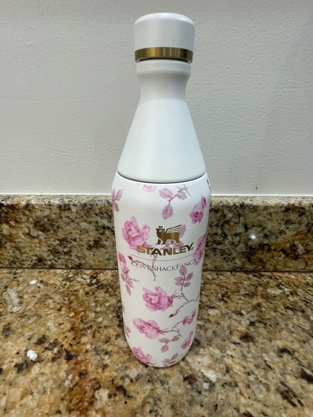 Stanley White & Pink Floral Vacuum Bottle with Gold Accent